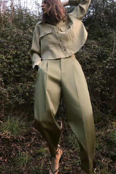 WIDE-LEG TROUSERS WITH THIN BELT - Khaki by Zara - Image 0