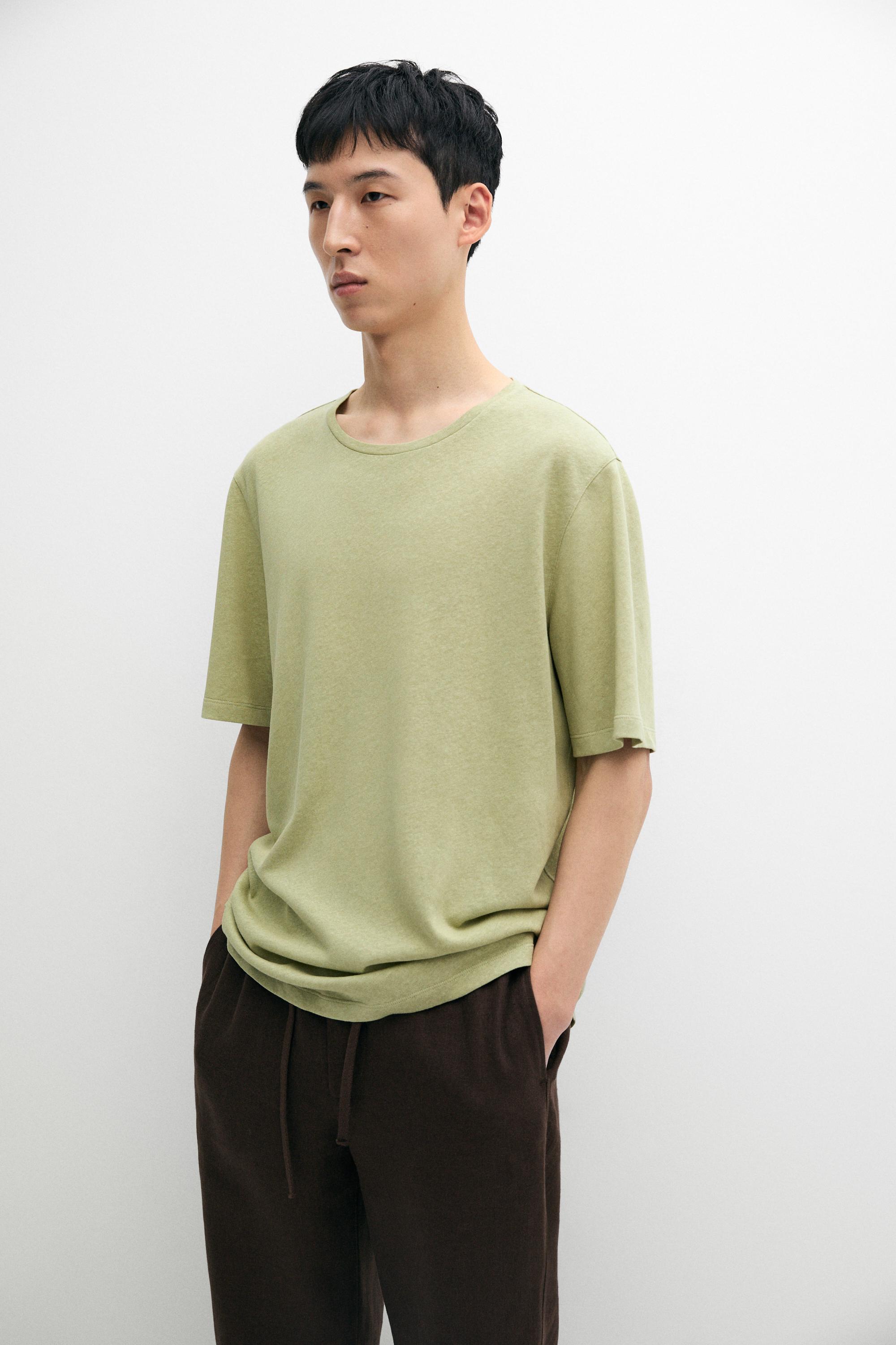 Short sleeve linen and cotton T-shirt — Mid-green