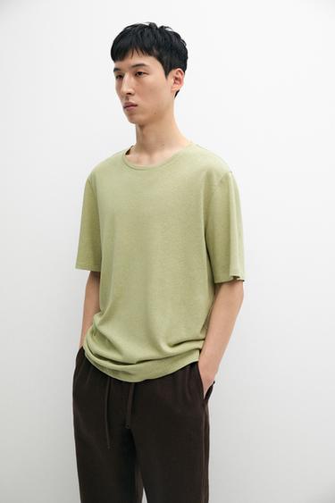 Short sleeve linen and cotton T-shirt — Mid-green 1