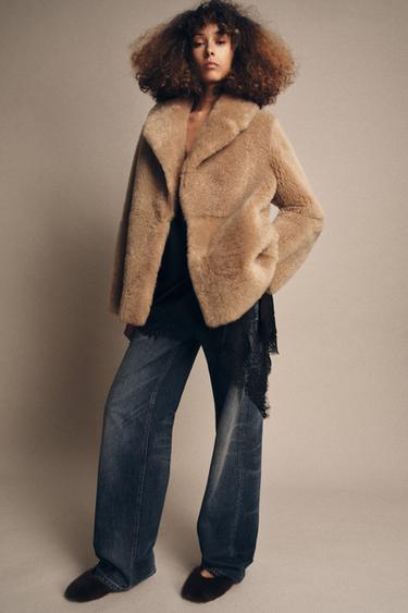 LEATHER COAT WITH SHEEPSKIN ZW COLLECTION - Beige by Zara