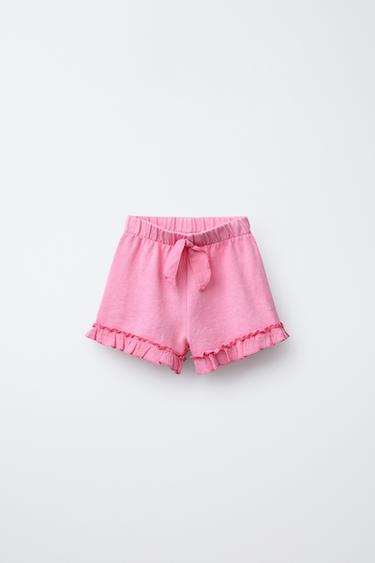 Zara RUFFLE BOW PLUSH SHORTS - Neon pink
