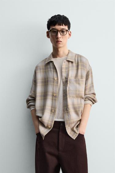 CHECK SHIRT WITH POCKET - Grey / Tan by Zara
