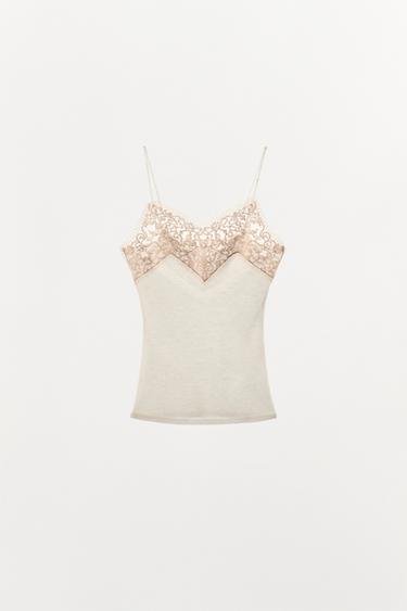 Zara 100% WOOL LACE TOP - Oyster-white