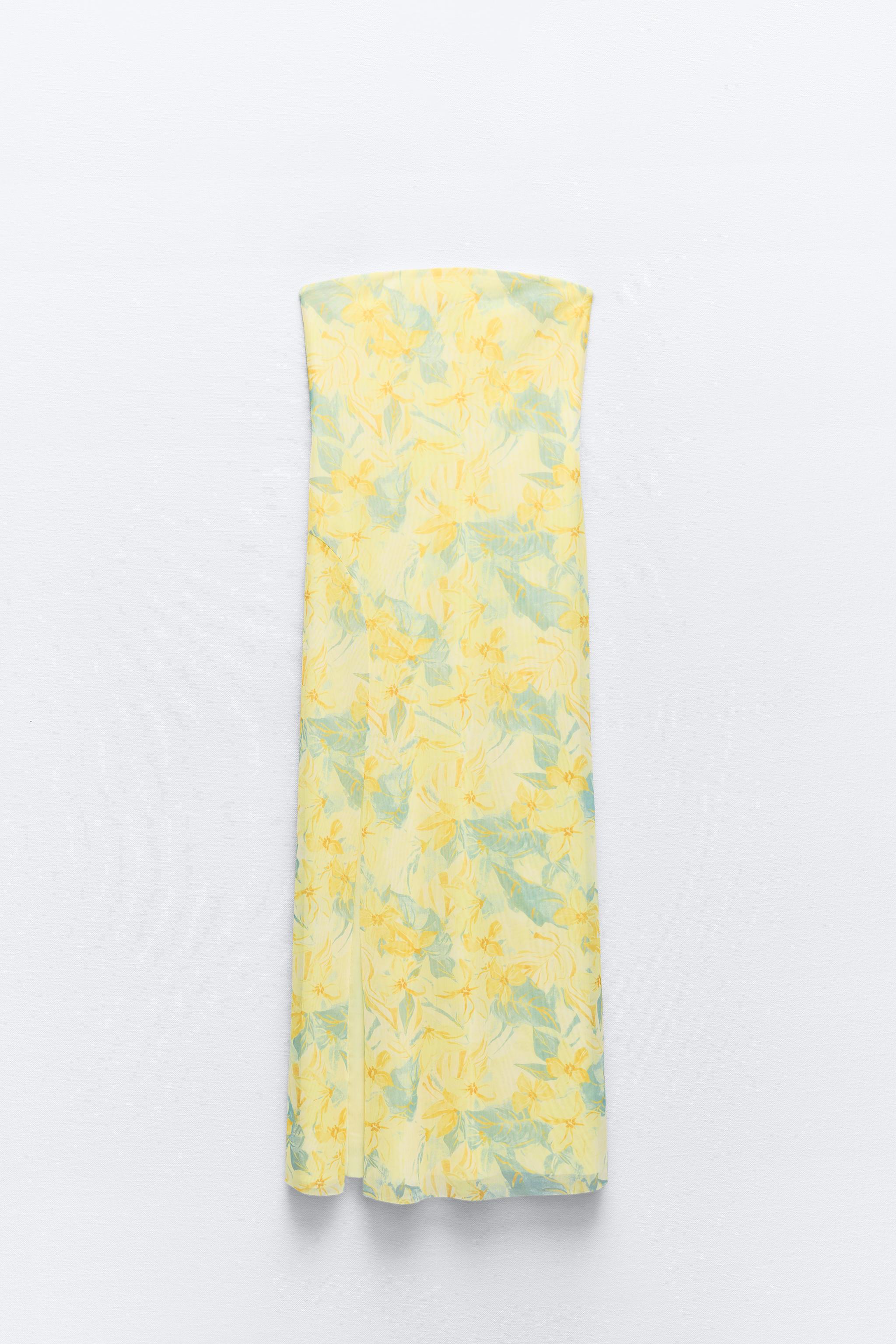 STRAPLESS PRINTED TULLE DRESS - yellow