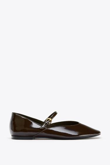 FAUX PATENT STRAPPY BALLET FLATS - Brown by Zara - Image 0
