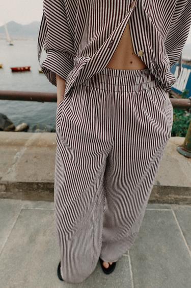 STRIPED WIDE-LEG TROUSERS - brown/white by Zara