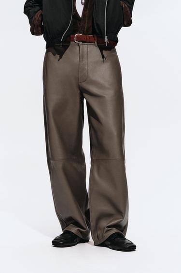 Zara 氣球版型皮革長褲 - 米色