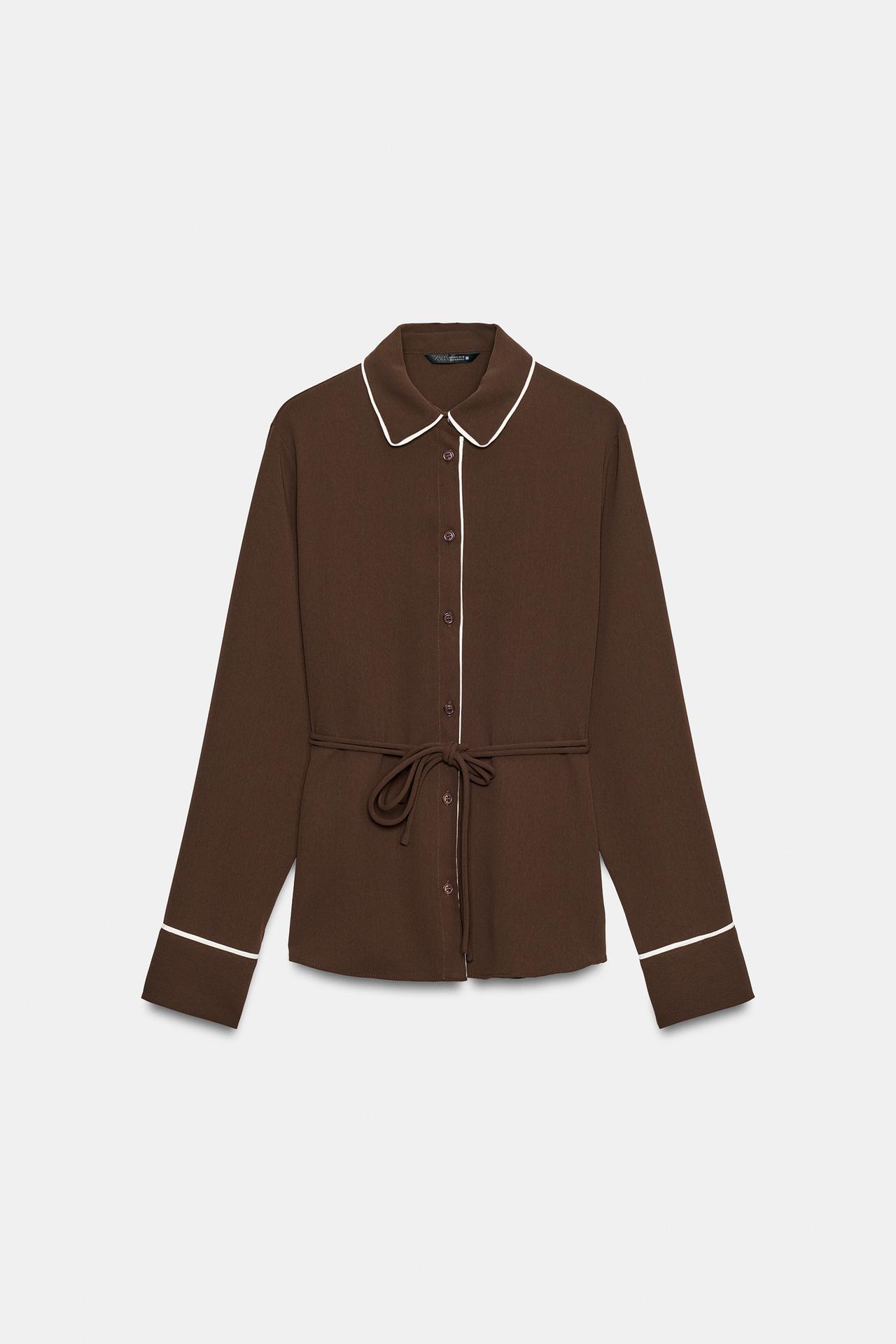 CONTRAST TRIM SHIRT — Brown