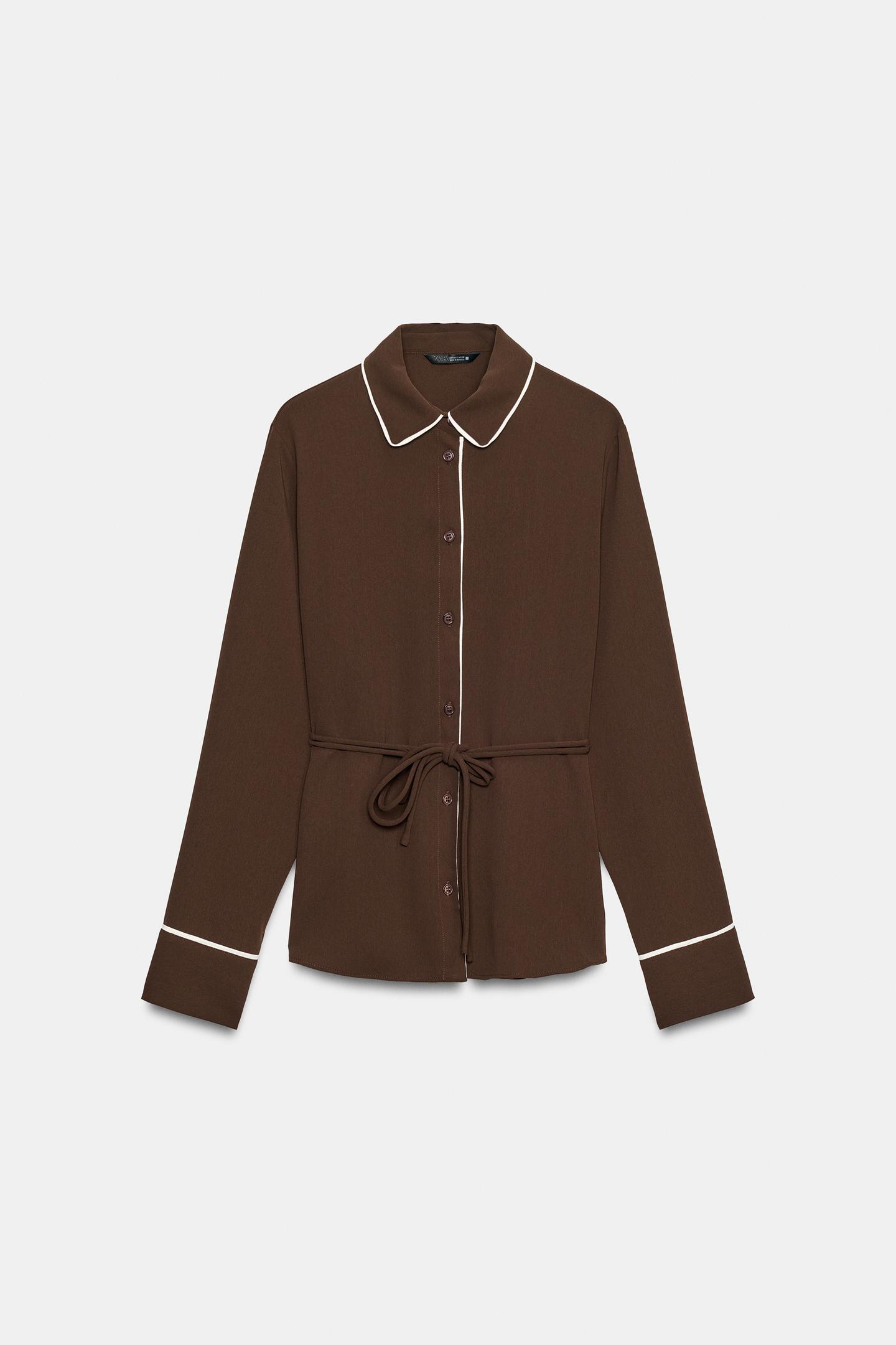 Женская рубашка Zara Contrast Trim, цвет: Коричневый — фото 2