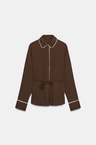 CONTRAST TRIM SHIRT — Brown 2