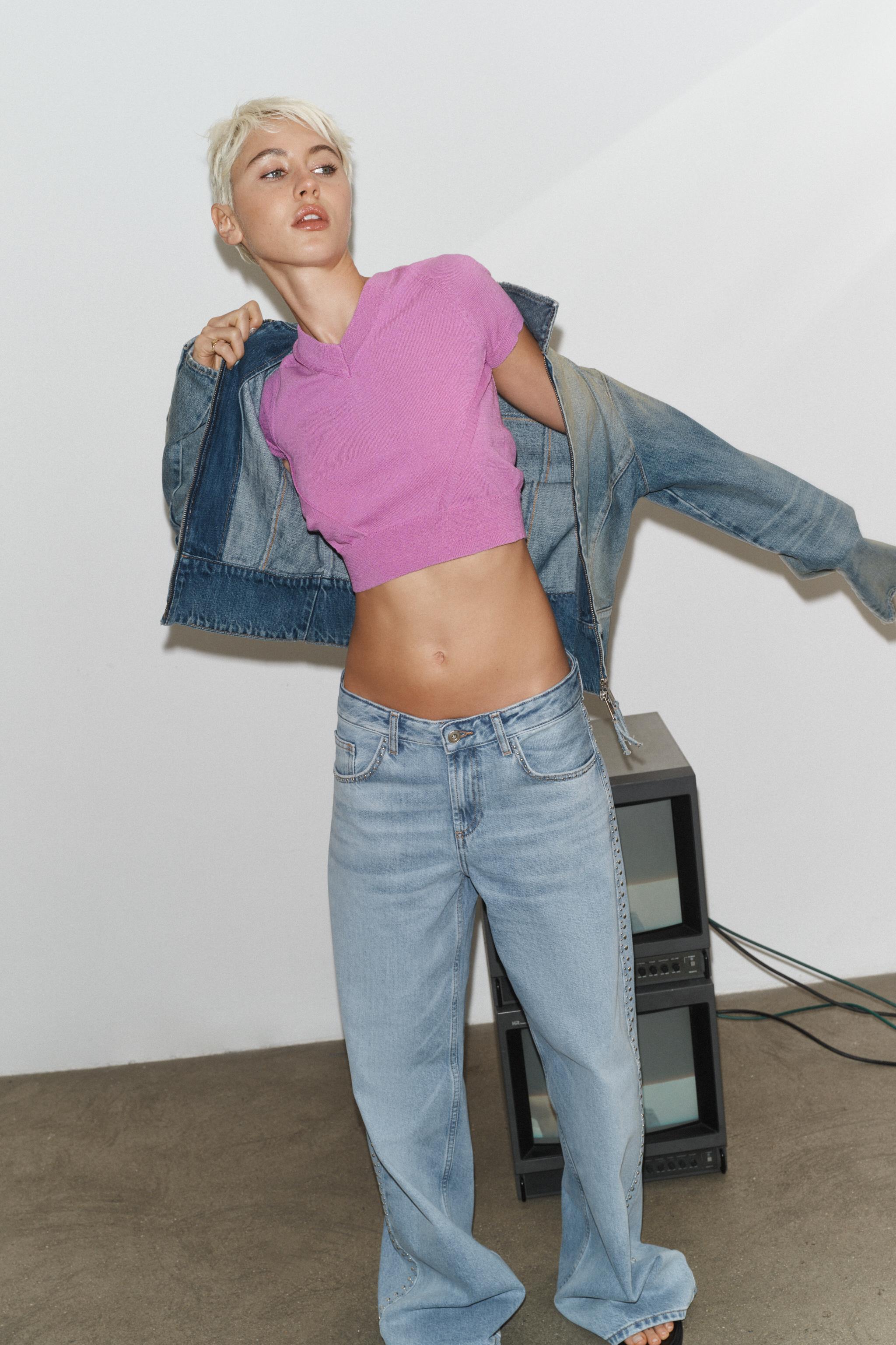 SHORT SLEEVE V-NECK KNIT TOP — Pink / Lilac