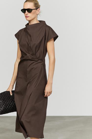 Robe drapée en popeline 100 % coton - Marron de Zara