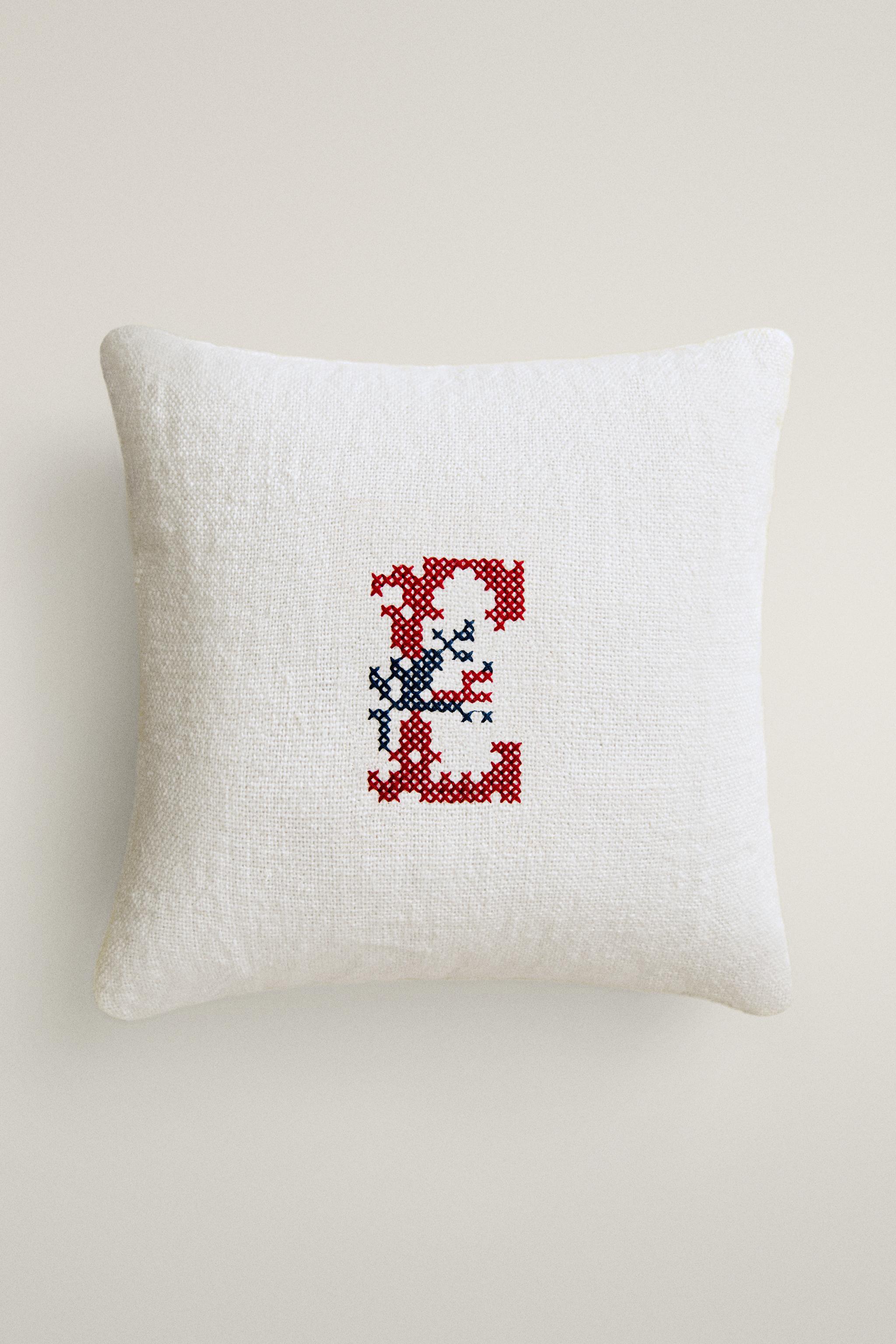 LETTER E EMBROIDERED LINEN CUSHION