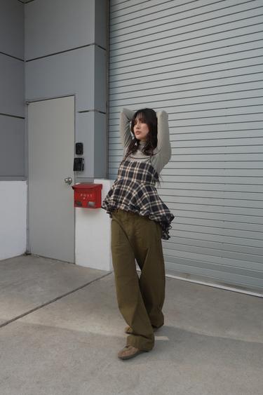 CHECKED TOP WITH RUFFLE TRIMS - Brown-Blue by Zara