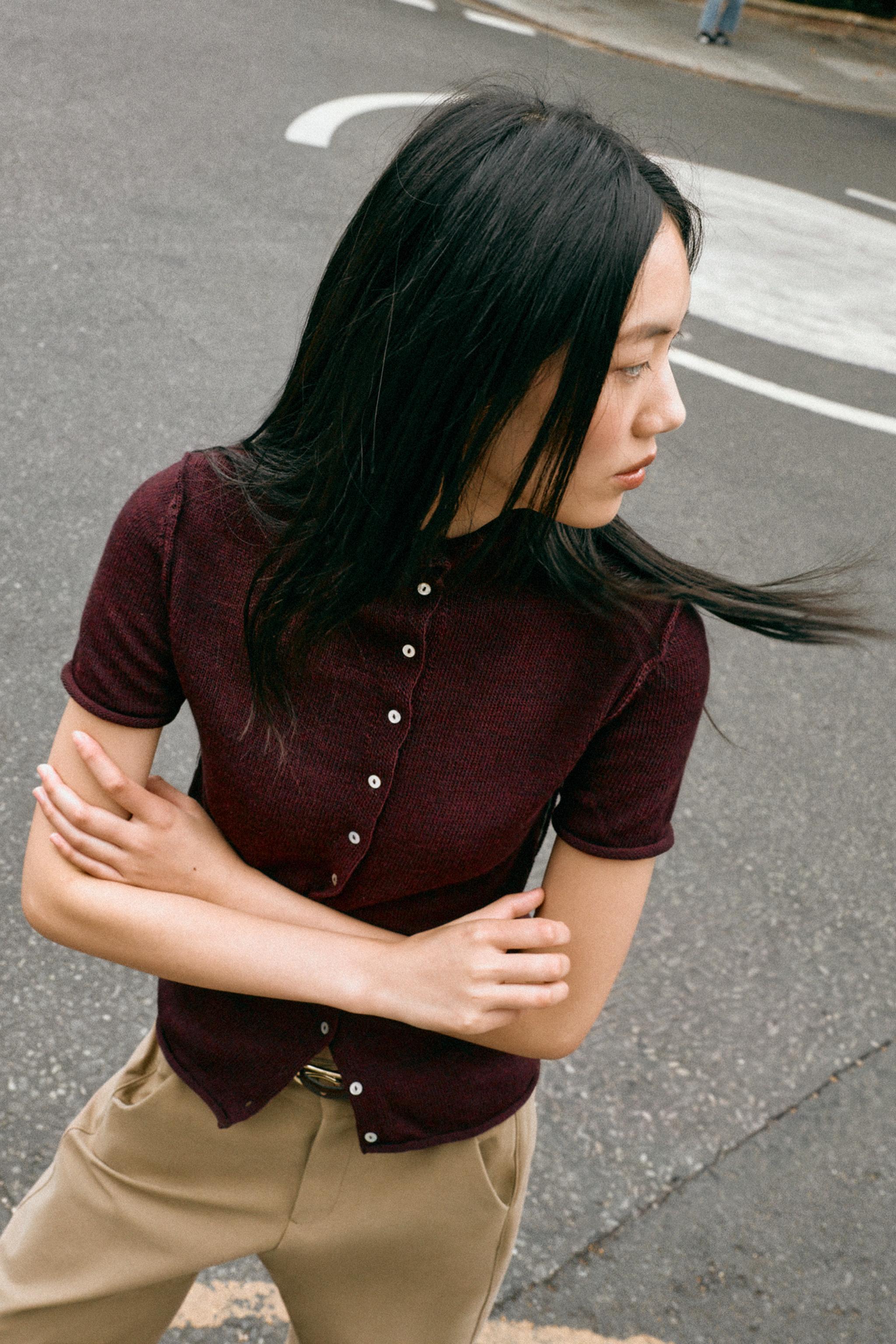 CONTRAST PIPING CARDIGAN — Eggplant