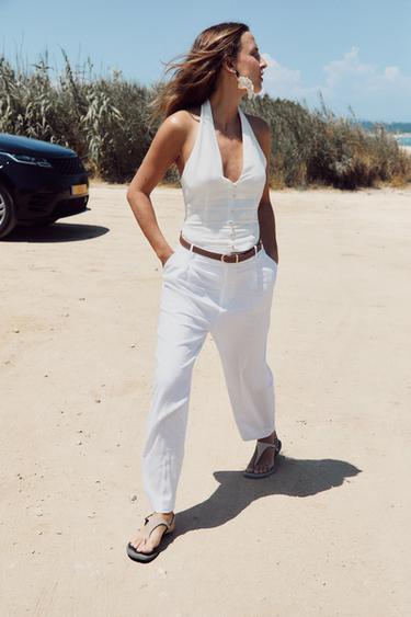 PANTALON RECTO CON LINO CINTURÓN - Blanco roto de Zara