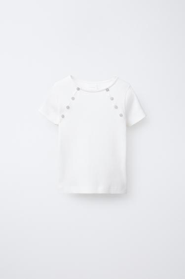 تي شيرت مضلع بأزرار - أبيض الخاص بـ Zara