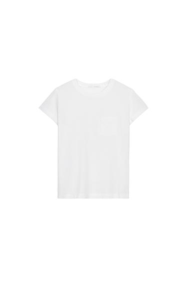 Front view of a white, short-sleeved T-shirt with a round neck and a patch pocket on the chest.
