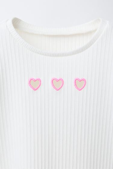 RIBBED T-SHIRT WITH CUT-OUT HEARTS - Oyster-white by Zara - Image 2