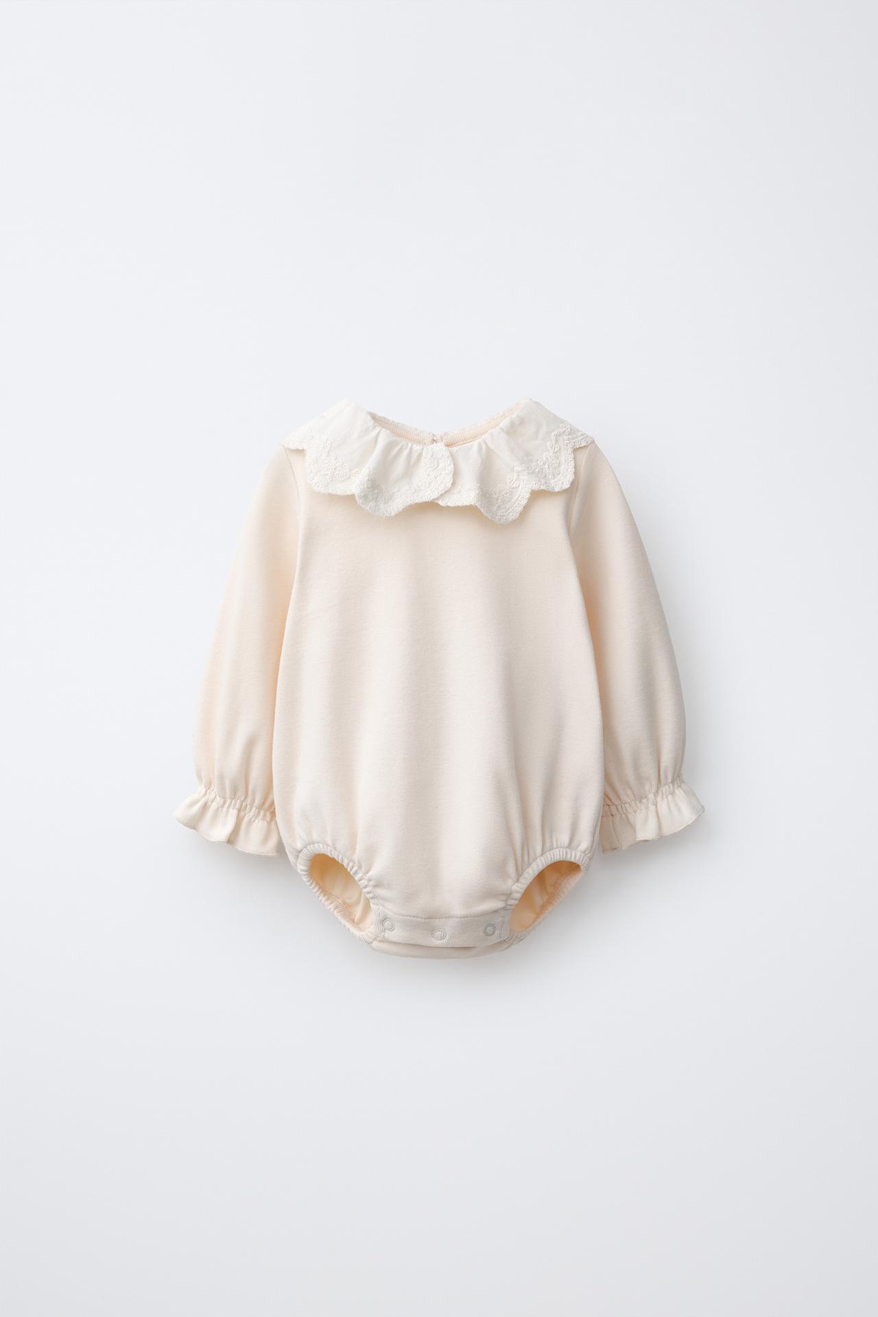 EMBROIDERED PETER PAN COLLAR BODYSUIT — Light ecru