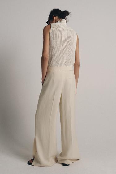 Zara HIGH COLLAR KNIT TOP - Light ecru