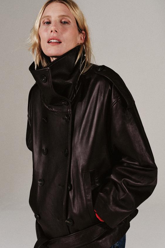 LEATHER EFFECT BELTED JACKET - Dark aubergine by Zara - Image 0