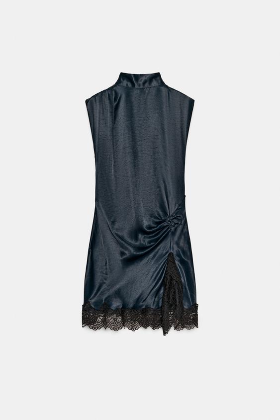 Zara Combination Satin Effect Lace Mini Dress Navy Blue Ref 5029/052/401