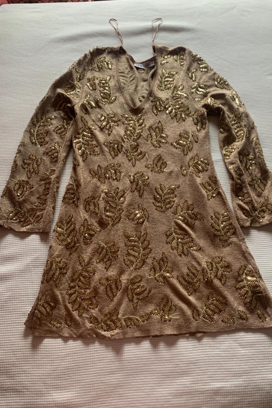Front view of beige dress with gold leaf embroidery and V-neck.
