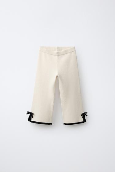 Zara FLARED KNIT PANTS WITH BOWS - Ecru