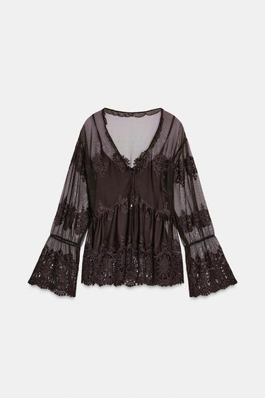 EMBROIDERED TULLE BLOUSE - Brown by Zara