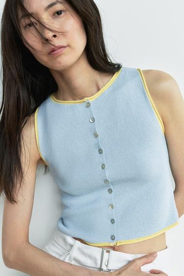 コントラストトリム ニットトップスブルーZaraのコントラストトリム ニットトップス - ブルー 