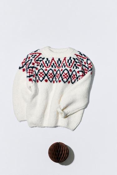 JACQUARD KNIT JUMPER WITH WOOL - Ecru / Red by Zara