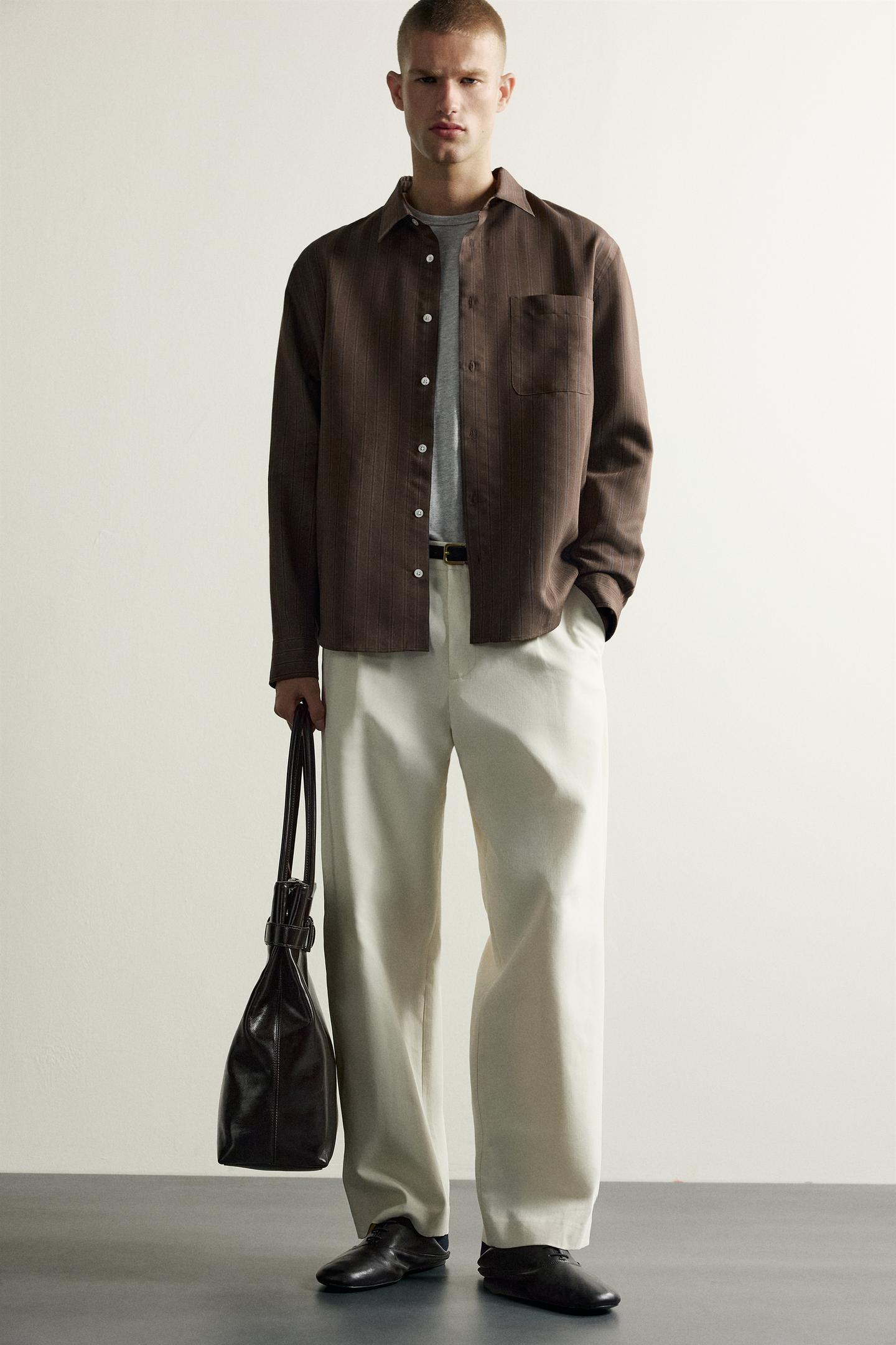 Мужская рубашка Zara Striped Fluid, цвет: Тёмный коричневый — фото 6