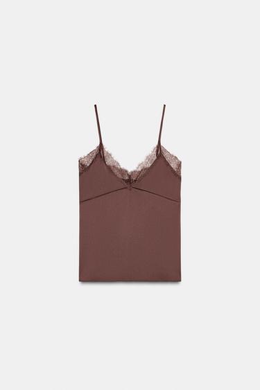 SATIN TOP WITH LACE TRIM - chocolate by Zara