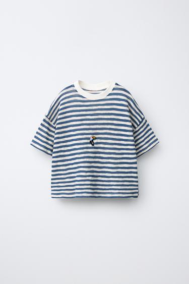 EMBROIDERED STRIPED T-SHIRT - Blue by Zara