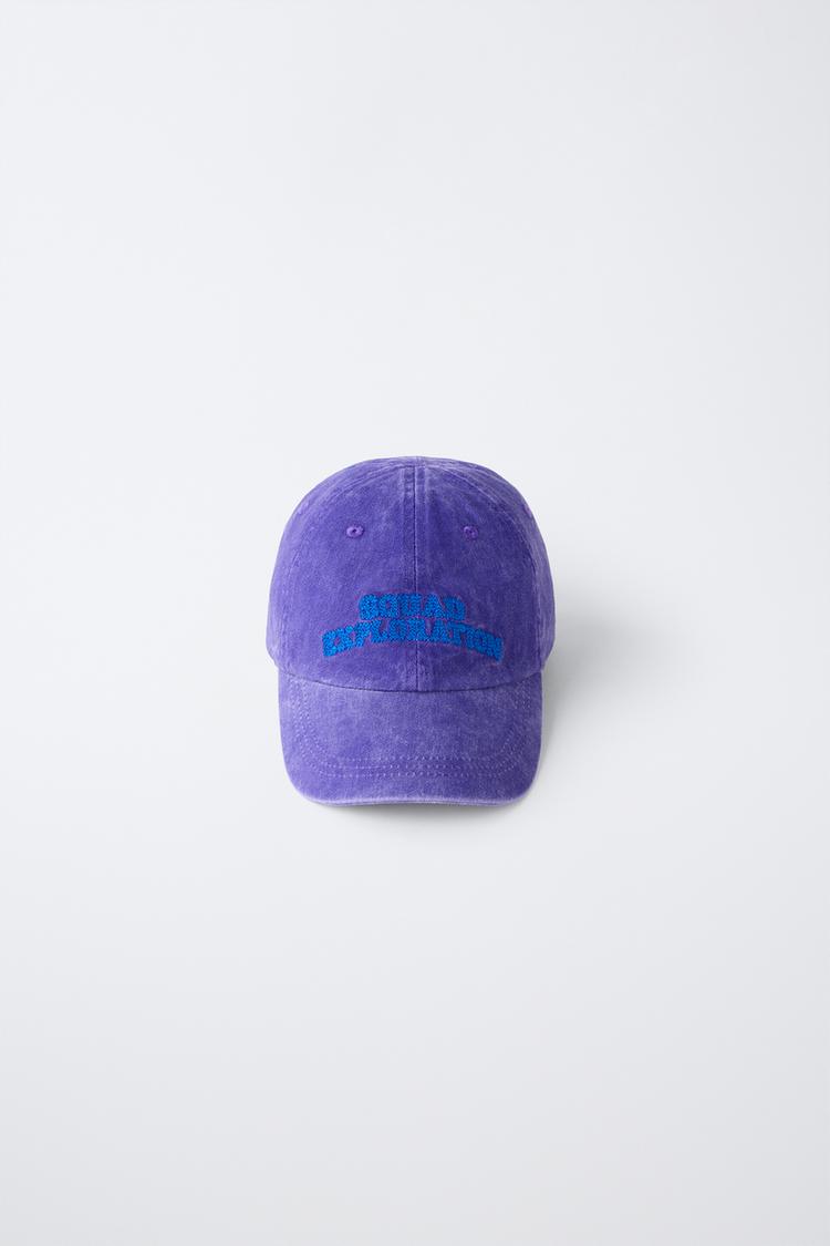 WASHED-EFFECT EMBROIDERED TEXT CAP — Purple