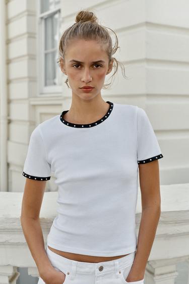 CONTRAST FAUX PEARL T-SHIRT - White by Zara