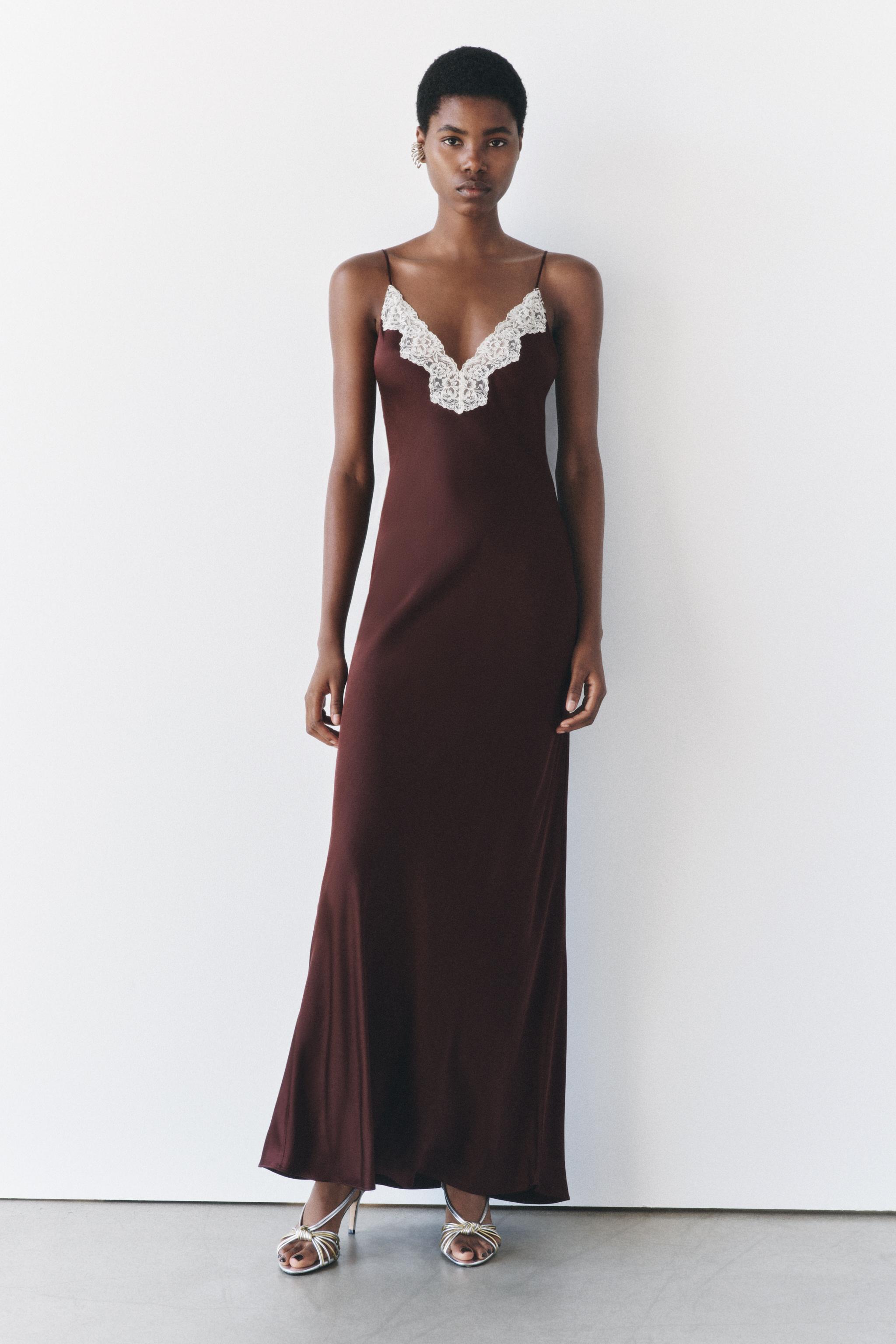 ZW COLLECTION LACE SLIP DRESS Burgundy ZARA Ireland