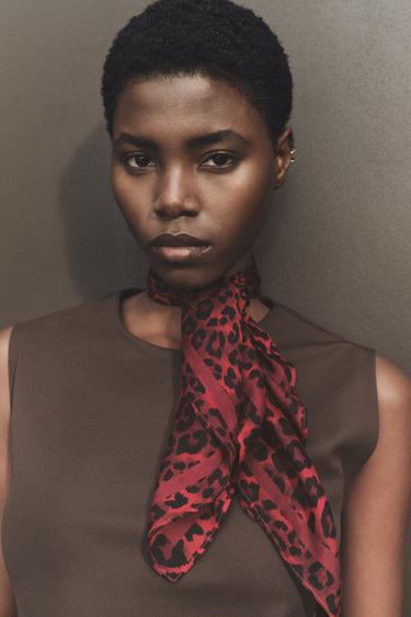 Zara ANIMAL PRINT SILK MODAL SCARF - Maroon - Image 0