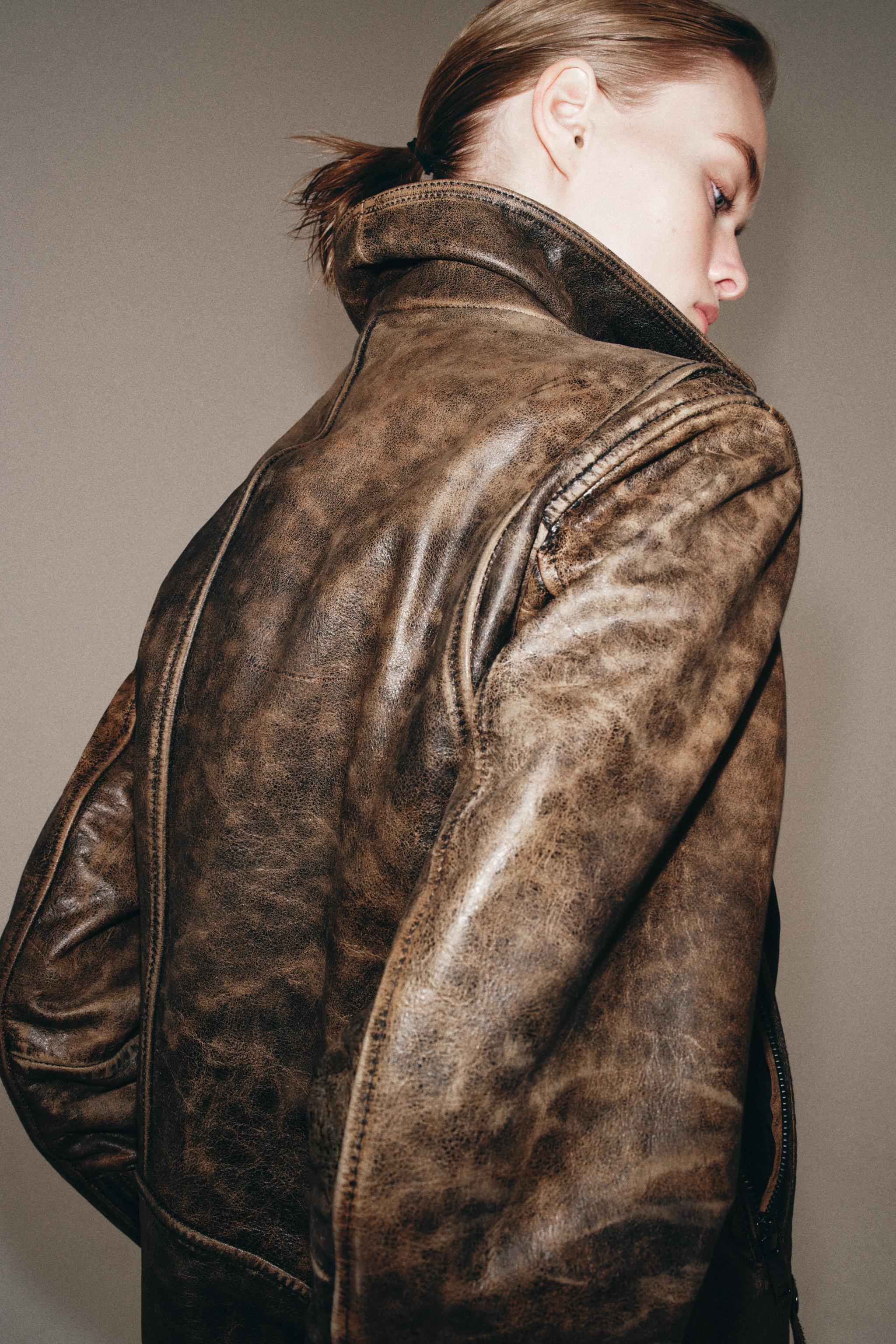 100% LEATHER BIKER JACKET ZW COLLECTION LIMITED EDITION - Brown