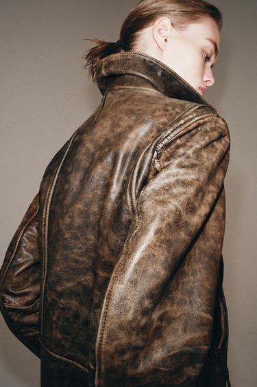 100% LEATHER BIKER JACKET ZW COLLECTION LIMITED EDITION - Brown by Zara