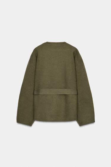 Zara BELTED SHORT KNIT COAT - Dark green
