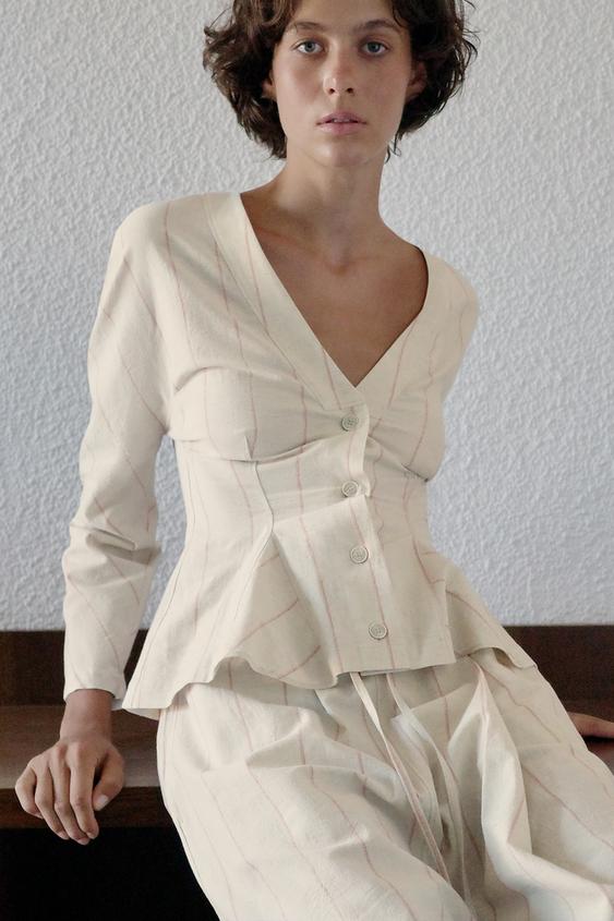 Spodnie culotte w paski z lnem