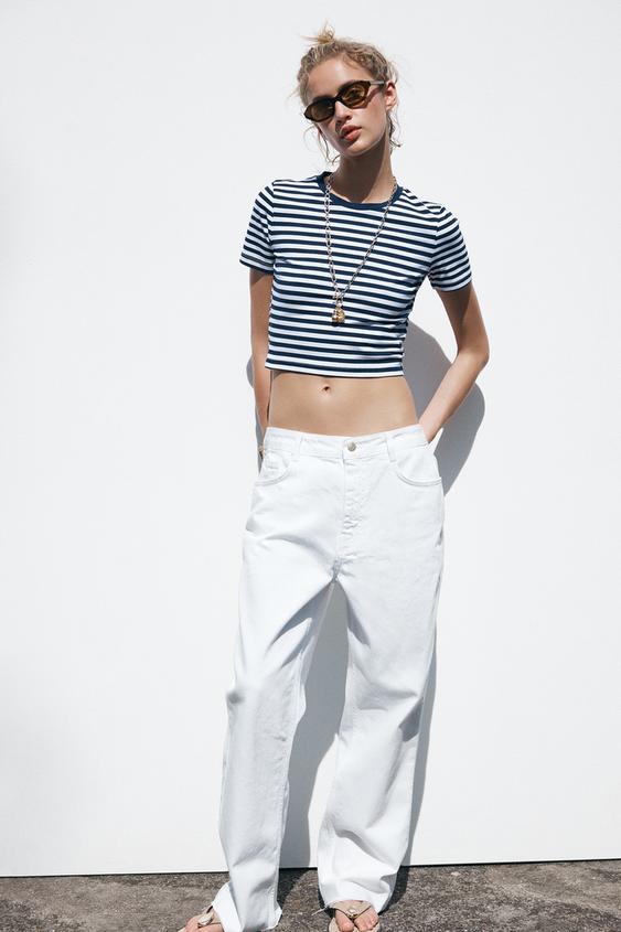 SHORT SLEEVE CROPPED T-SHIRT - Blue/White by Zara - Image 0