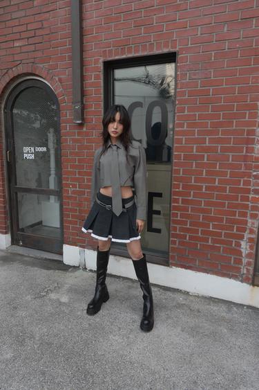 타이 디테일 포플린 크롭 셔츠 - Zara 그레이