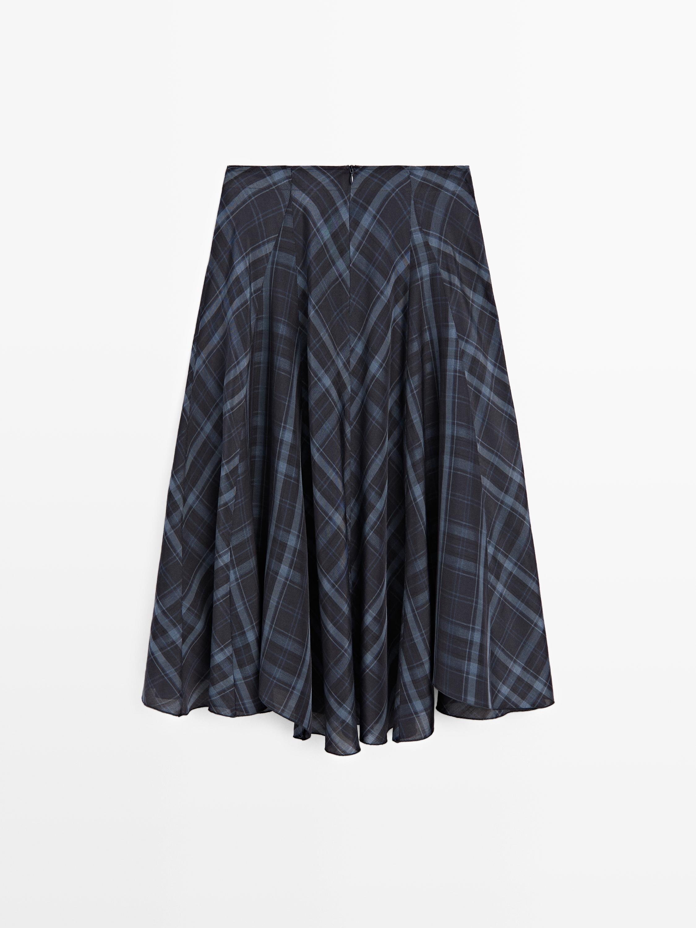 Check print flowing godet skirt