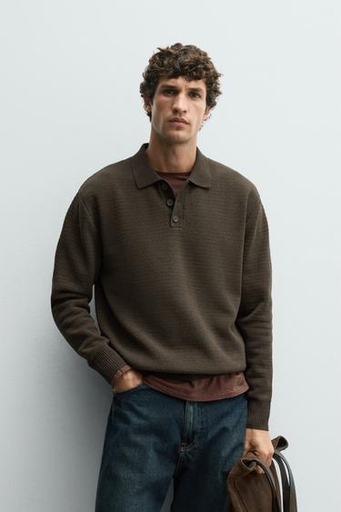 Zara TEXTURED KNIT POLO SHIRT - Dark khaki