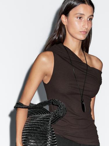 Zara 100% cotton top with asymmetric neckline - Brown