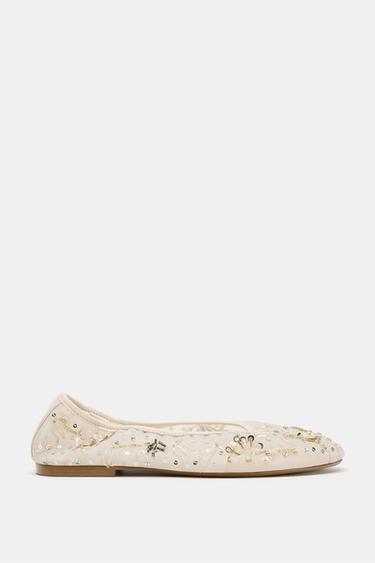 MESH BALLET FLATS WITH BEAD DETAIL - Ecru by Zara - Image 0