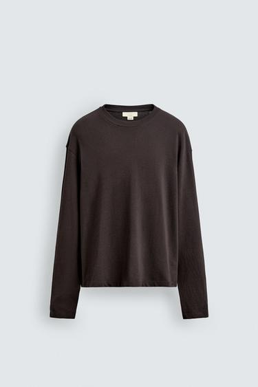ФУТБОЛКА ИЗ ХЛОПКА И ЛЬНА — КОРИЧНЕВЫЙ от Zara